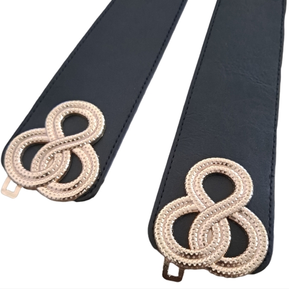 Black corset belt boho elastic wide Faux leather gold spirals waist plus size - Picture 6 of 16